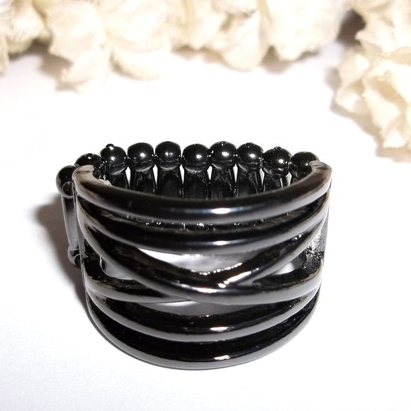 Fashion Jewelry Jewelry - Dark Silver Gunmetal Ring Adjustable Size Stretch Band Girl Woman Jewelry C244